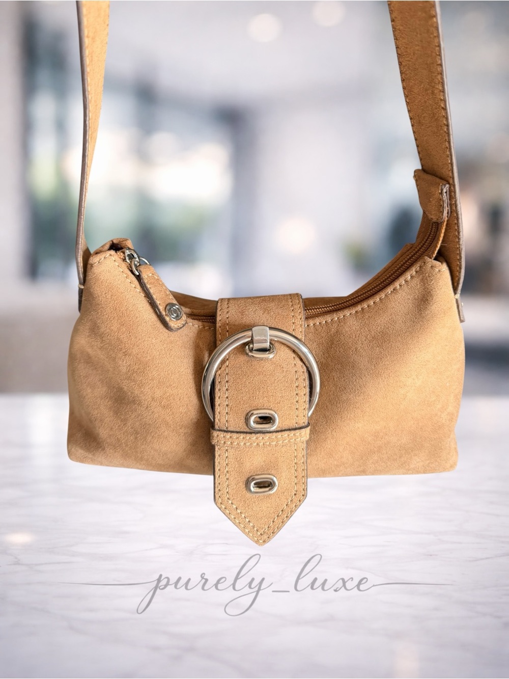 Suede Shoulder Bag in Tan with Buckle Detail - Picture 2 of 4